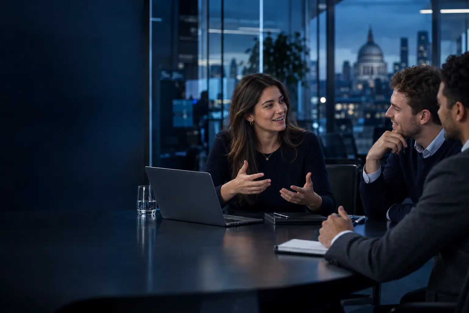 Three young technology recruitment professionals discussing a hiring brief in a London office